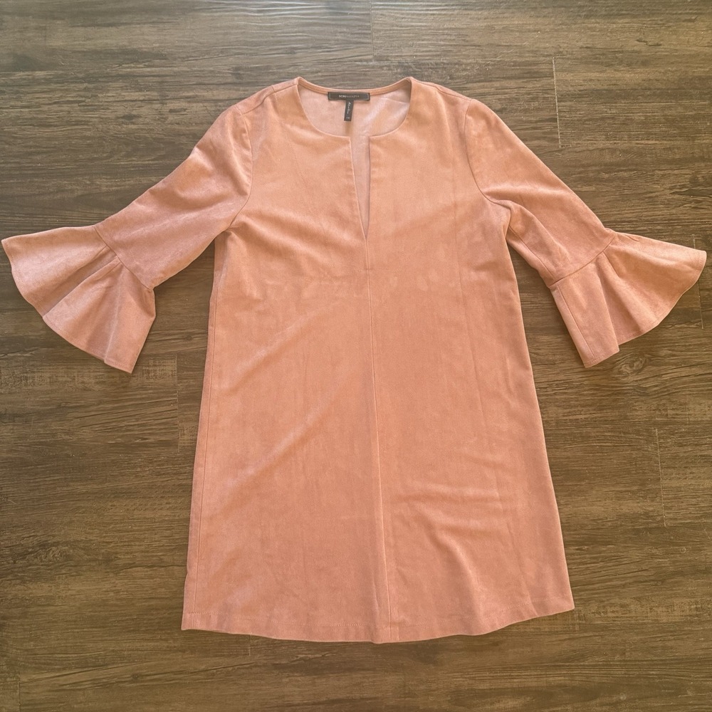 BCBG MAXAZRIA SIZE XS Catier Faux Suede Bell Sleeve Split Neck Shift Dress